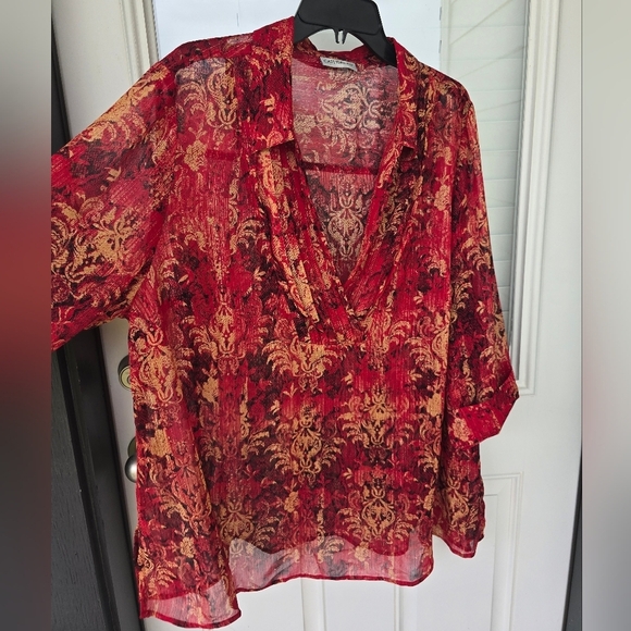 Catherines Sheer Tunic Top 2X Plus Womens 3/4 Sleeve Orange Paisely Open Front - Picture 7 of 15